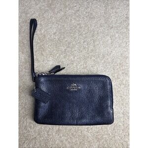 Coach Double Corner Zip Wristlet Metallic Midnight Blue Pebble Leather